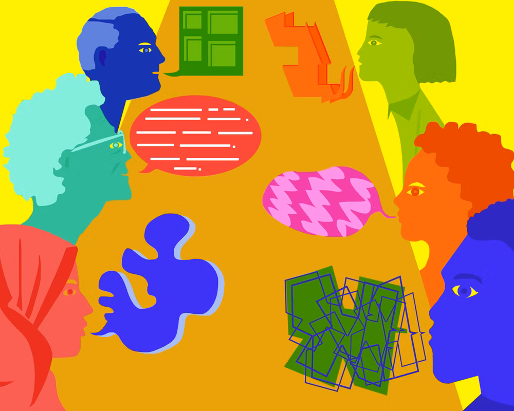 abstract image of six diverse people in conversation around a table