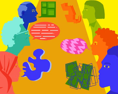 abstract image of six diverse people in conversation around a table