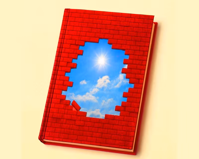 Illustration of bricks in the shape of a book with missing bricks showing blue sky and the sun.