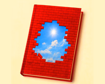 Illustration of bricks in the shape of a book with missing bricks showing blue sky and the sun.