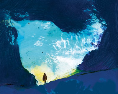 abstract painting of lone person in an opening surrounded by darkness to illustrate Climate Anxiety