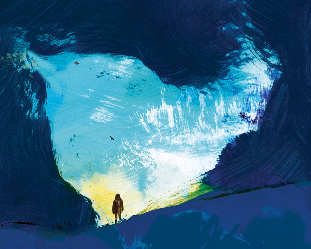 abstract painting of lone person in an opening surrounded by darkness to illustrate Climate Anxiety