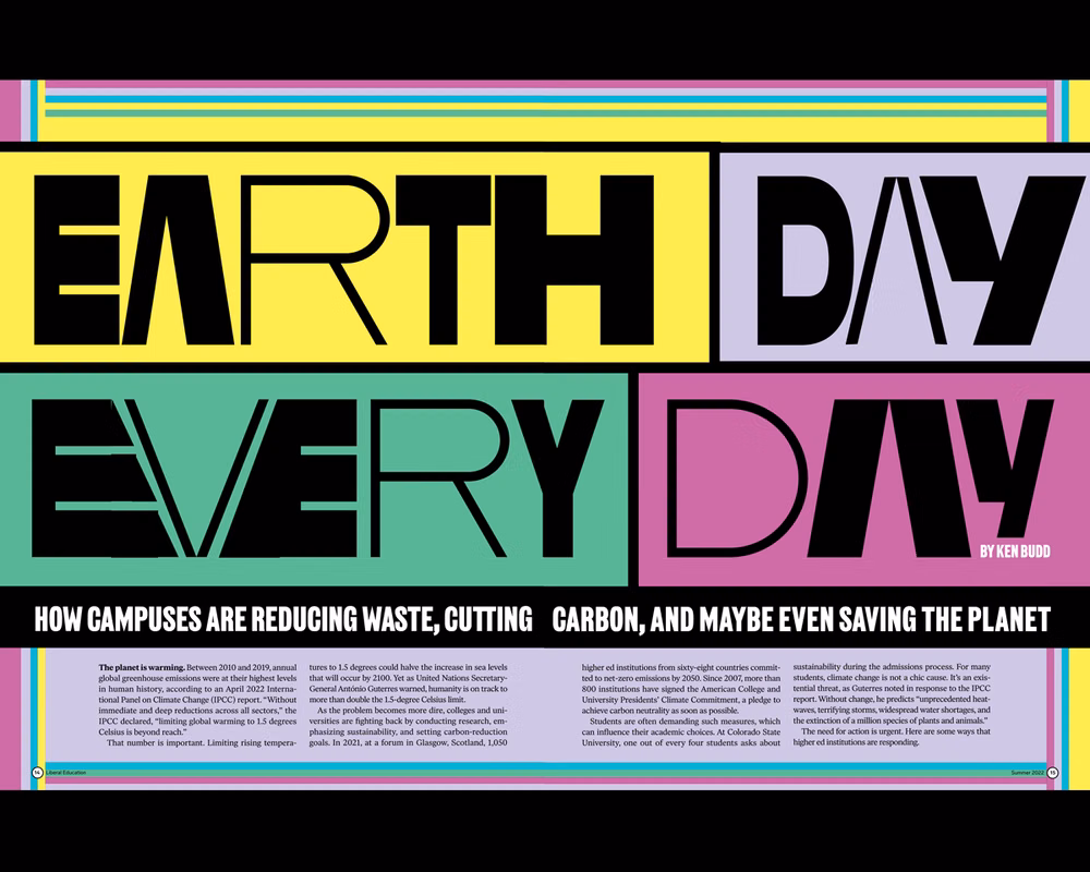 Earth Day Every Day print design spread using bright colors and modern fonts