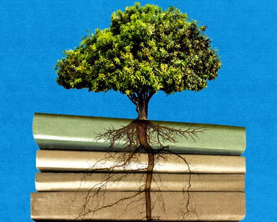 art of tree atop stack of books with roots of tree traveling down stack