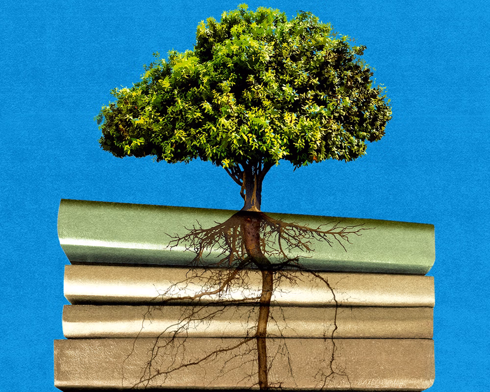 art of tree atop stack of books with roots of tree traveling down stack