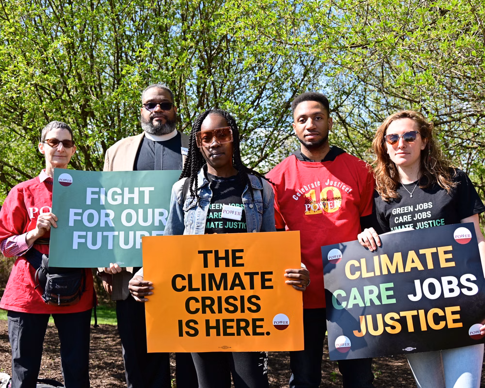 Members of POWER Interfaith gather in April 2022 in Pennsylvania for the Fight for Our Future: Rally for Climate, Care, Jobs, and Justice.