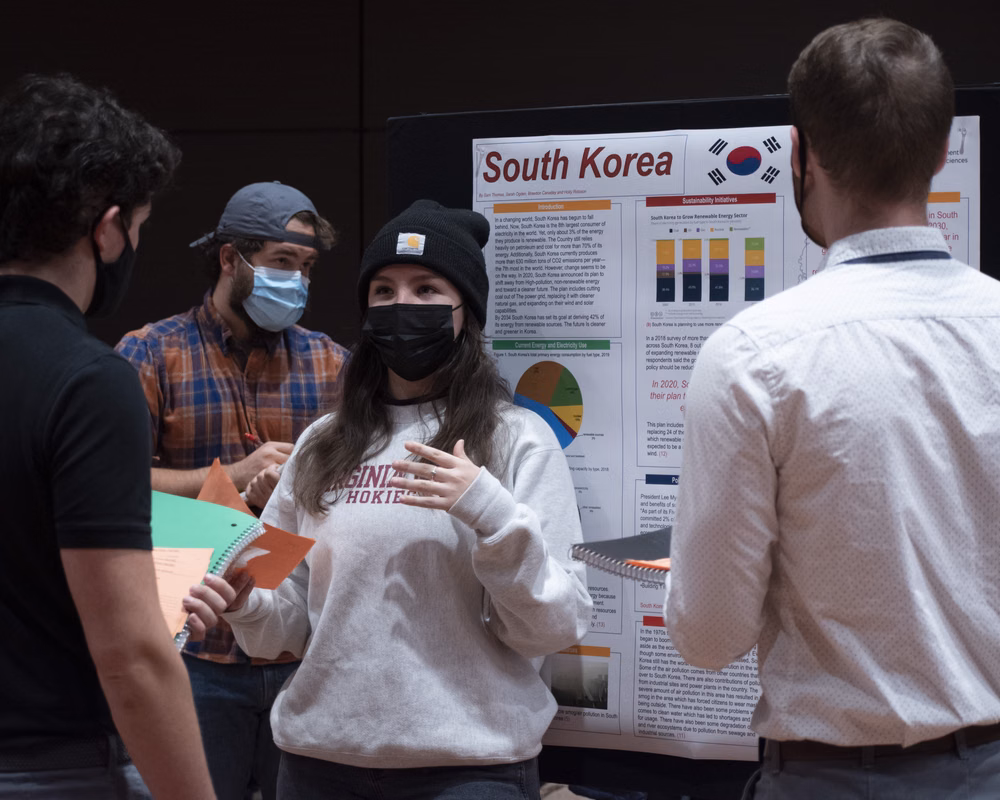 Virginia Tech students attend a poster session for the Pathways General Education course, Earth Resources, Society and the Environment, fall semester 2021.