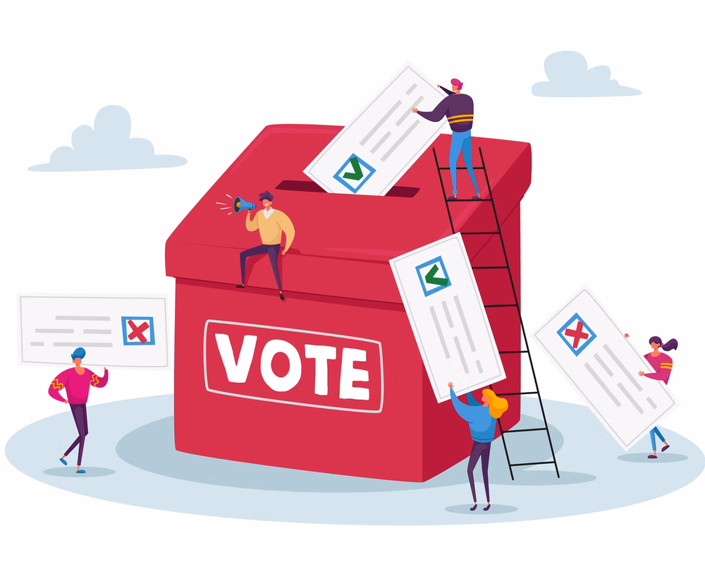 An illustration of people entering ballots into a voting box.