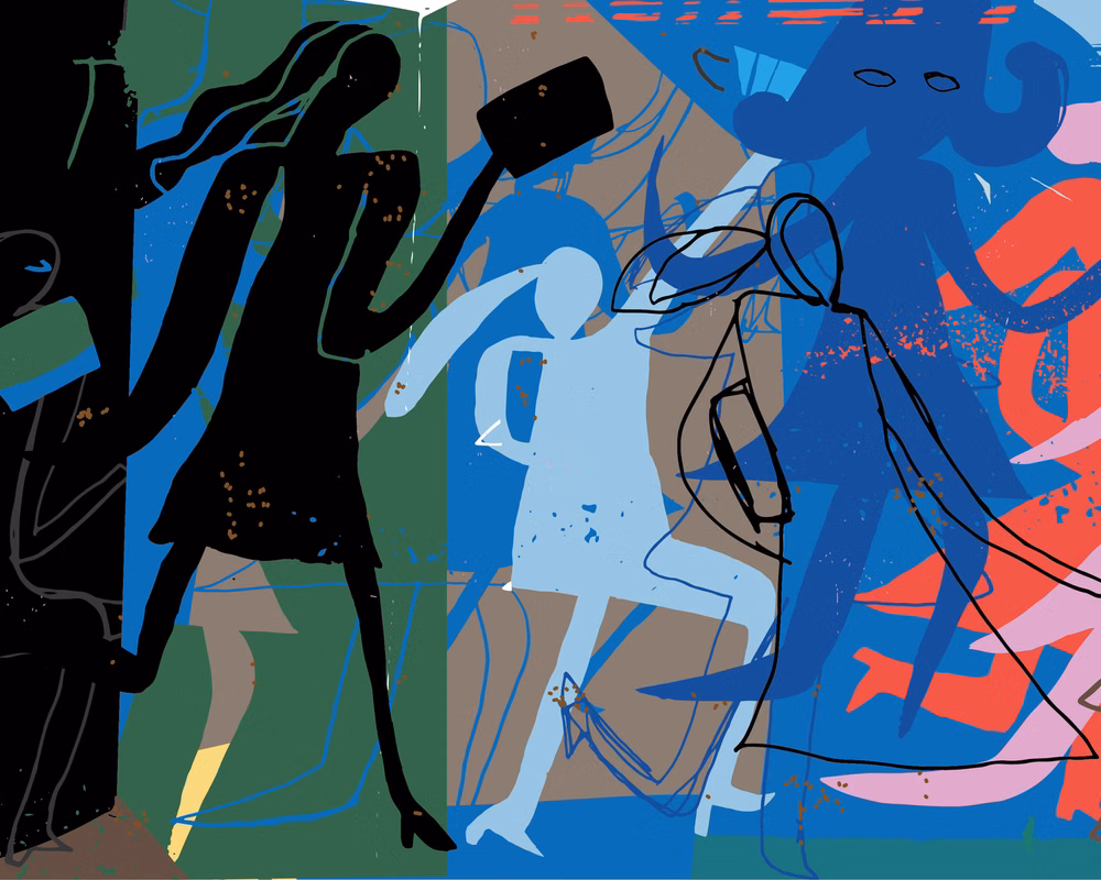 An illustration of women's silhouettes holding books.