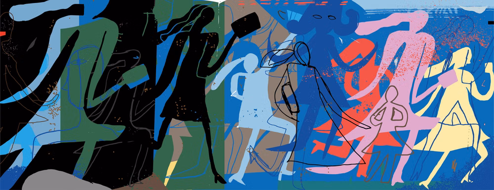 An illustration of women's silhouettes holding books.