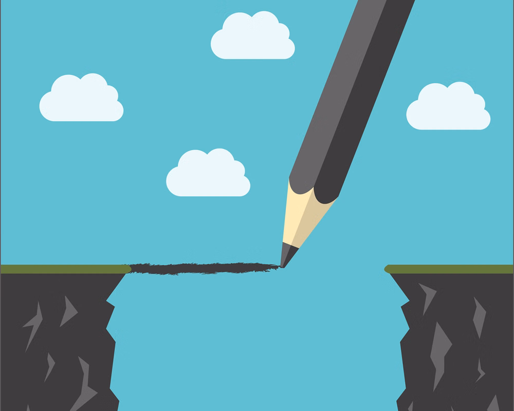 artwork showing a pencil line being drawn across a chasm or educational divide to make a connection on the term Liberal Arts