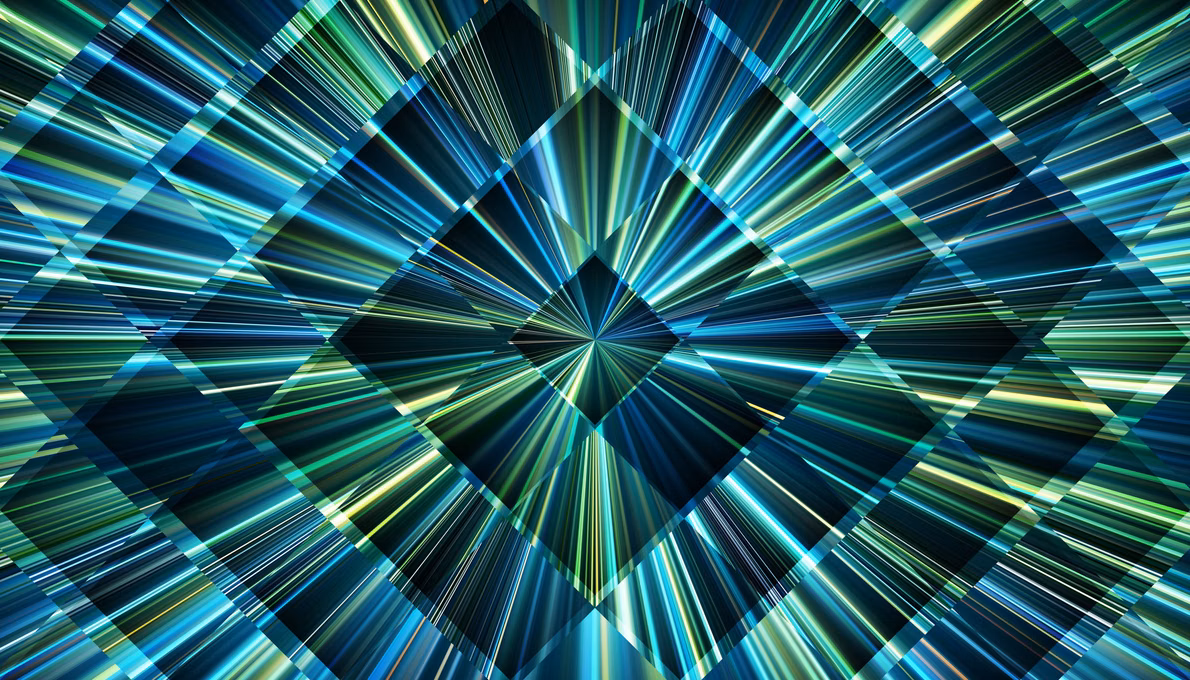 Prismatic glass refraction with bright converging beams of turquoise cyan emerald tones radiating through structured fractal glass grid. Speed high tech evolution energy flow and future design concept