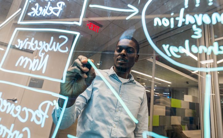 A young adult creating a flowchart with dry erase marker on a pane of glass